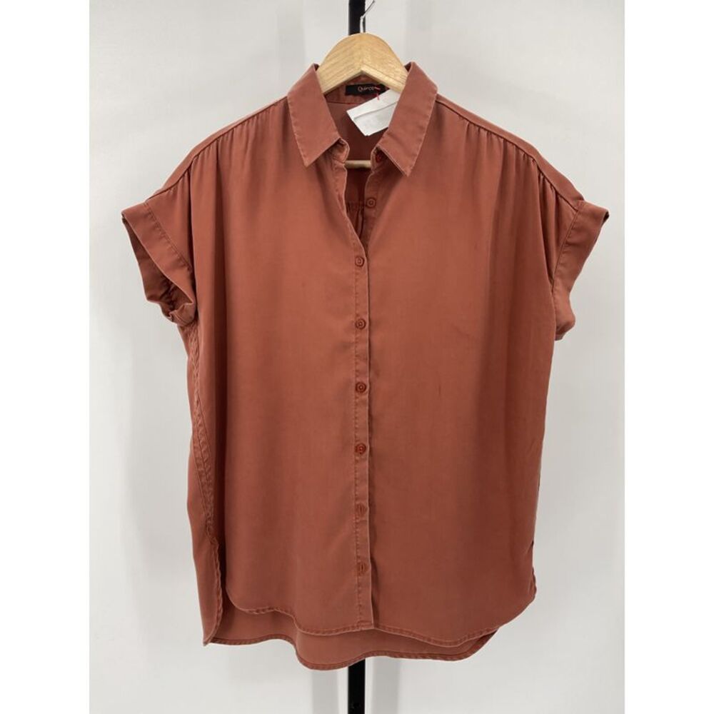 Quince Relaxed Button-Front Short Sleeve Blouse in Terracotta
